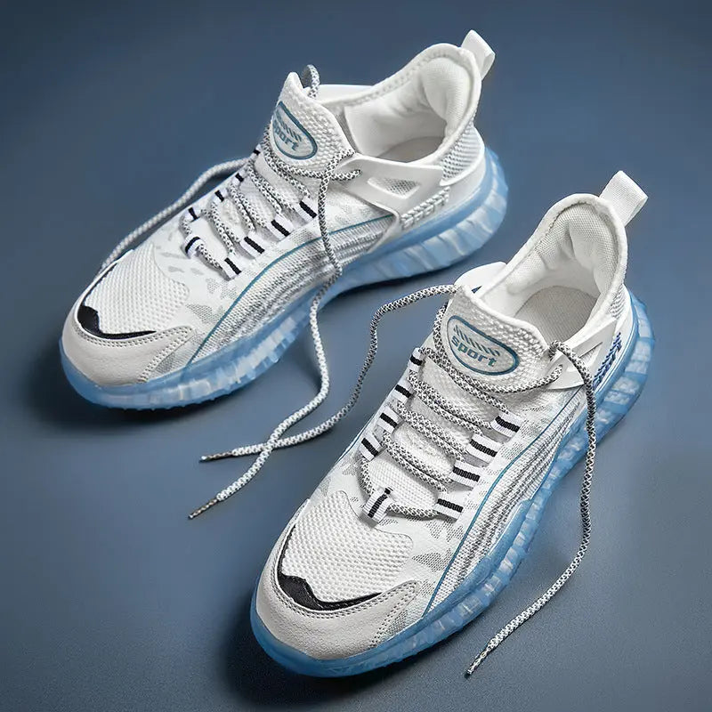 A pair of white and blue AllMotion Active Shoes with a breathable upper design and a non-slip rubber outsole