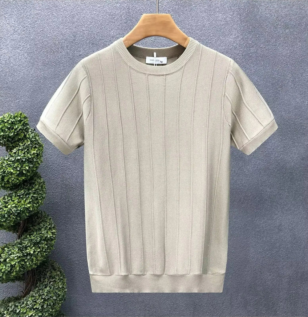 Men’s beige short sleeve knit T-shirt with ribbed texture – casual summer top