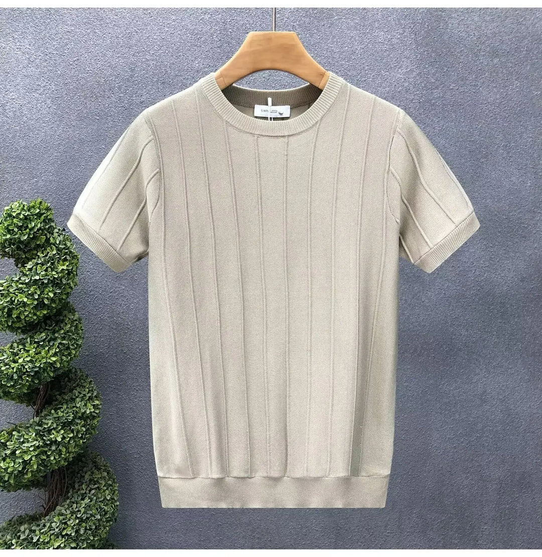 Men’s beige short sleeve knit T-shirt with ribbed texture – casual summer top