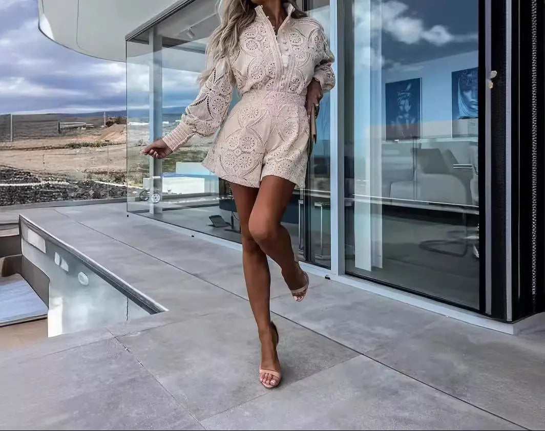 Women’s beige long-sleeve lace romper dress – boho beach vacation outfit
