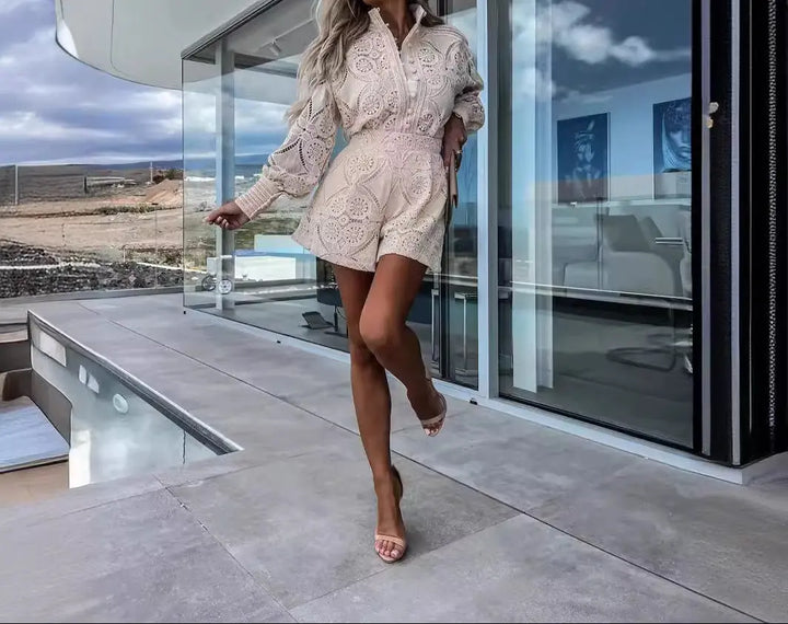 Women’s beige long-sleeve lace romper dress – boho beach vacation outfit
