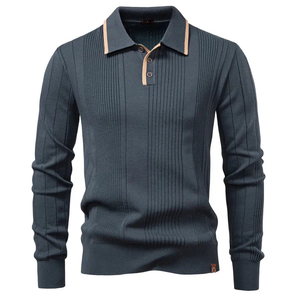 Men’s ribbed knit polo sweater with contrast collar trim – long sleeve pullover in grey perfect for smart casual fall looks