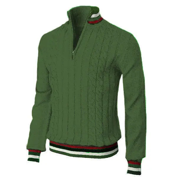 Green cable knit sweater with red-white collar – stylish zip-neck men's knitwear