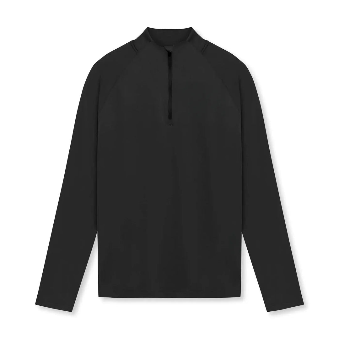 Men’s black quarter-zip workout pullover with long sleeves – compression-style fit for activewear use