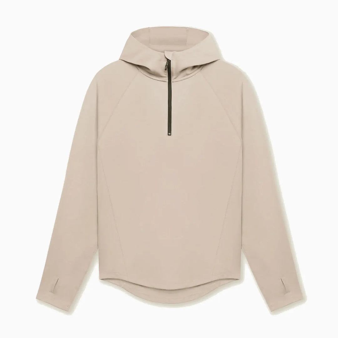 Beige 1/4 zip pullover hoodie for men – soft fabric and minimalist activewear aesthetic