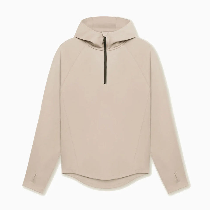 Beige 1/4 zip pullover hoodie for men – soft fabric and minimalist activewear aesthetic