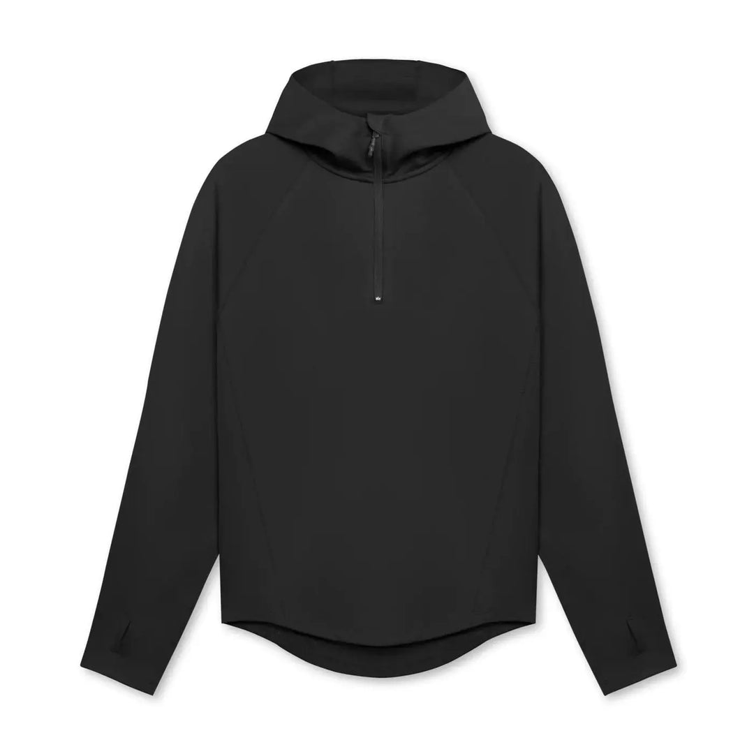 Black men’s 1/4 zip workout hoodie with long sleeves and athletic fit for fitness and leisure
