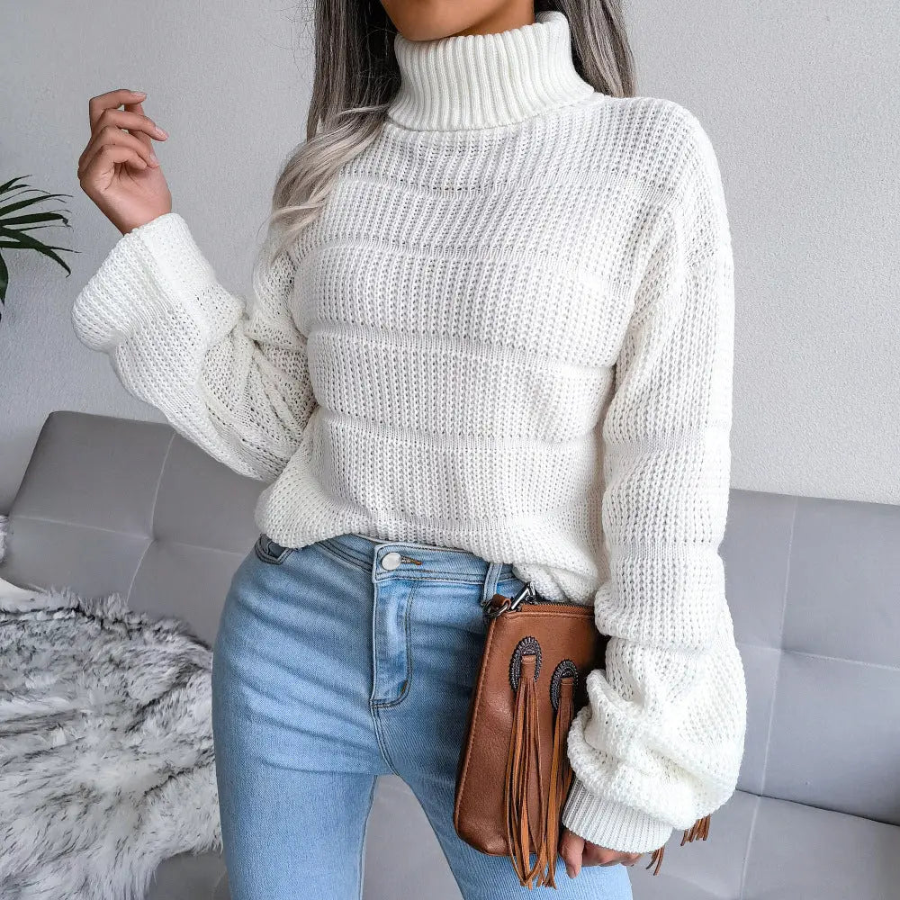 Women’s chunky knit turtleneck sweater with balloon sleeves – cozy fall winter pullover in ivory white