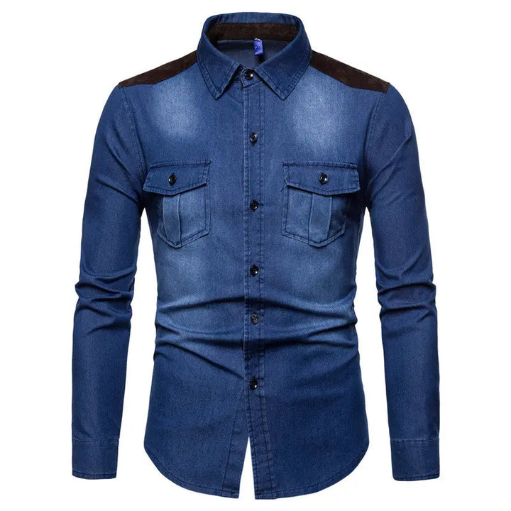 Men's gradient blue denim shirt with structured fit, shoulder contrast panels, and flap pockets – urban streetwear look