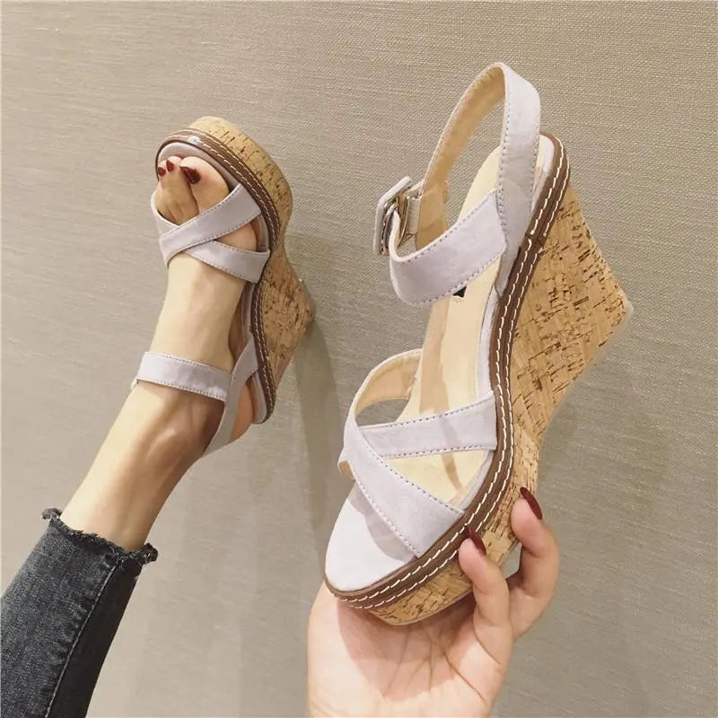 Women’s gray suede wedge sandals with cork platform and ankle strap – casual summer footwear