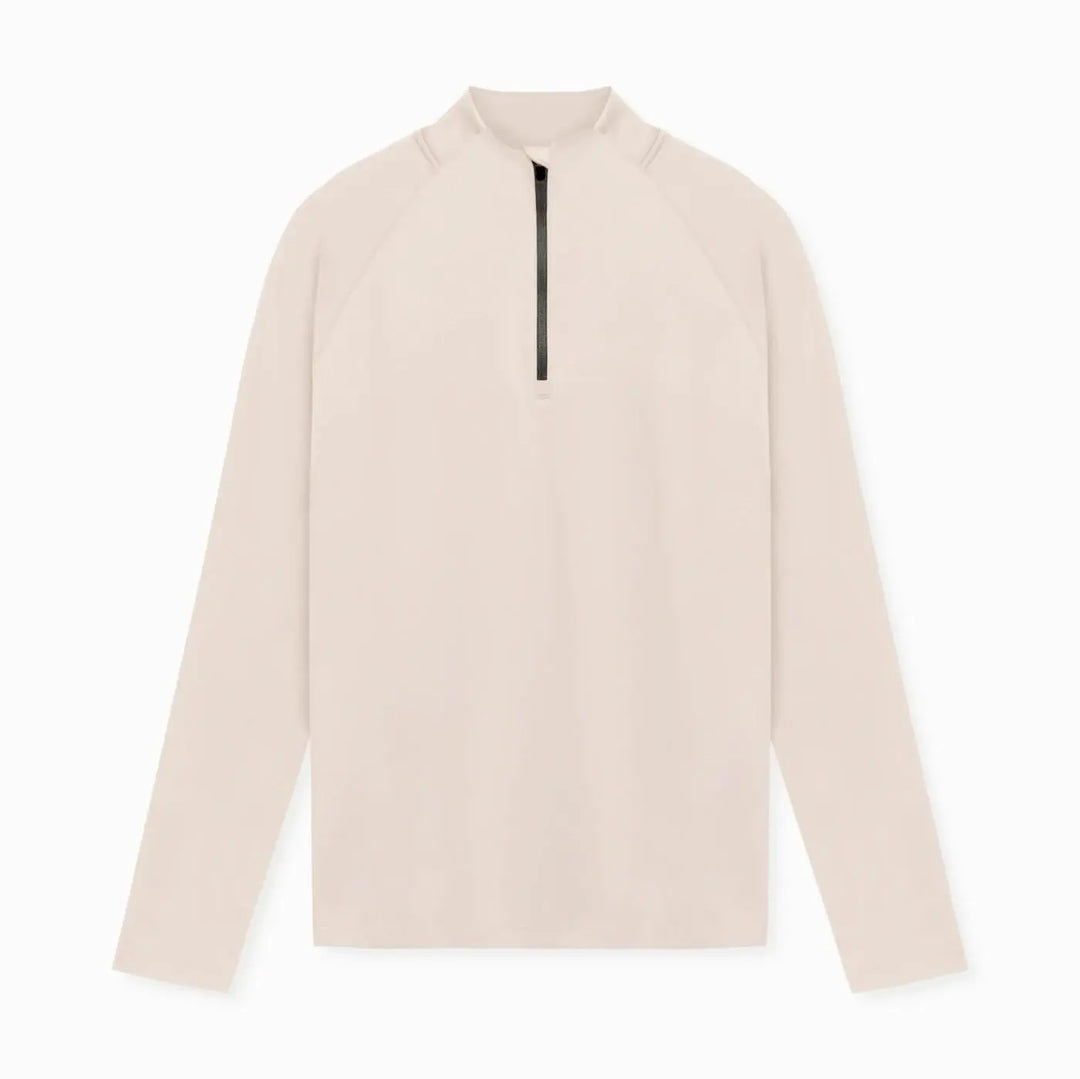 Slim-fit beige long-sleeve sports shirt for men with zip neck – versatile for gym or outdoor training