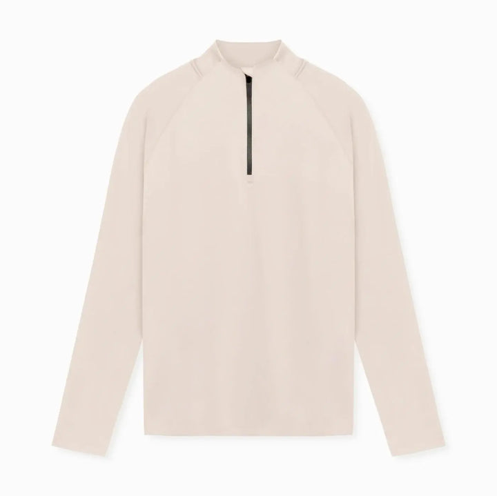 Slim-fit beige long-sleeve sports shirt for men with zip neck – versatile for gym or outdoor training