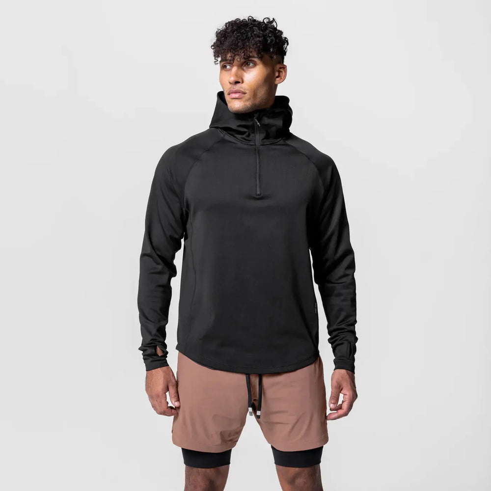 Black men’s 1/4 zip workout hoodie with long sleeves and athletic fit for fitness and leisure