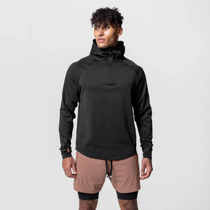 Black men’s 1/4 zip workout hoodie with long sleeves and athletic fit for fitness and leisure