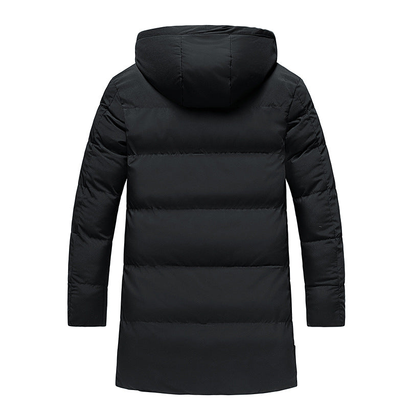 Men’s black long puffer parka jacket – insulated winter coat with hood, full zip front, and windproof design, ideal for cold weather