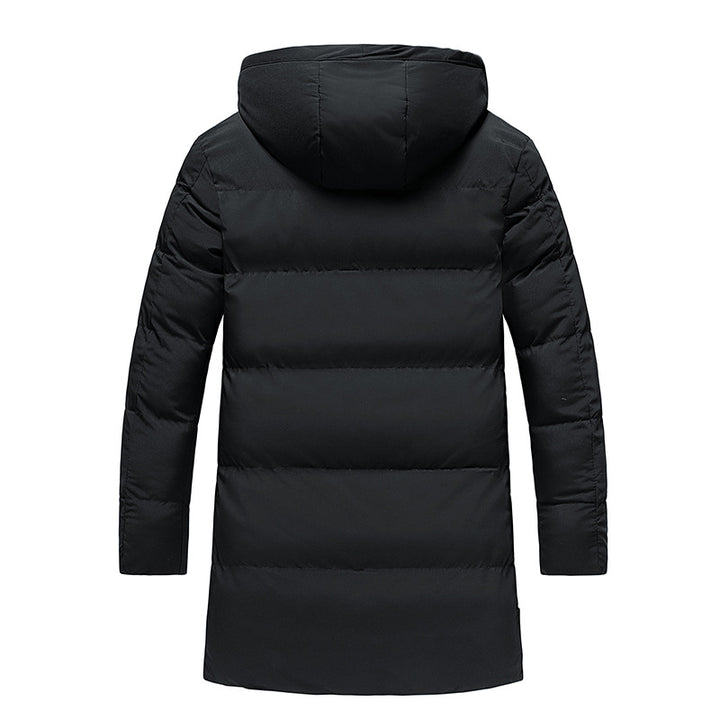 Men’s black long puffer parka jacket – insulated winter coat with hood, full zip front, and windproof design, ideal for cold weather