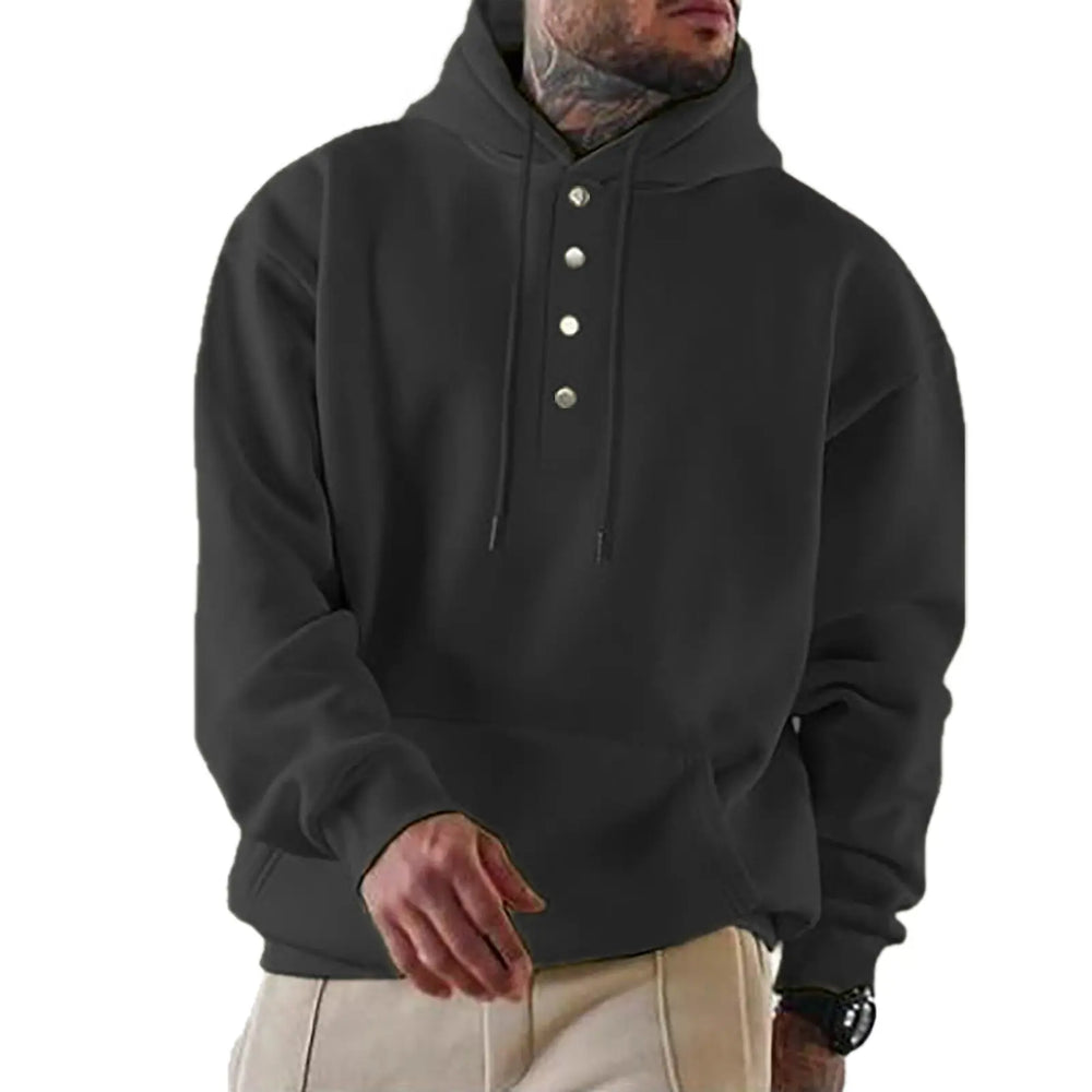 Men's black button pullover hoodie – classic cotton-blend sweatshirt for casual streetwear looks