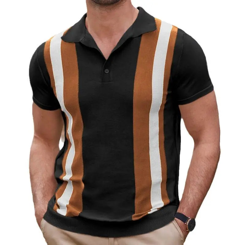 Men's black short sleeve knit polo shirt with bold vertical stripes – vintage-inspired design