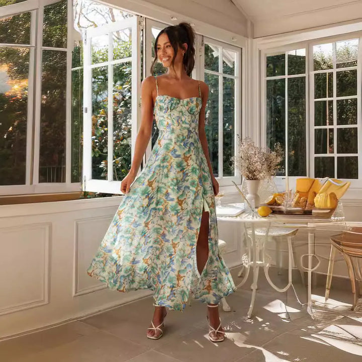 Women’s floral print maxi dress with sweetheart neckline, spaghetti straps, and front slit – elegant summer vacation outfit