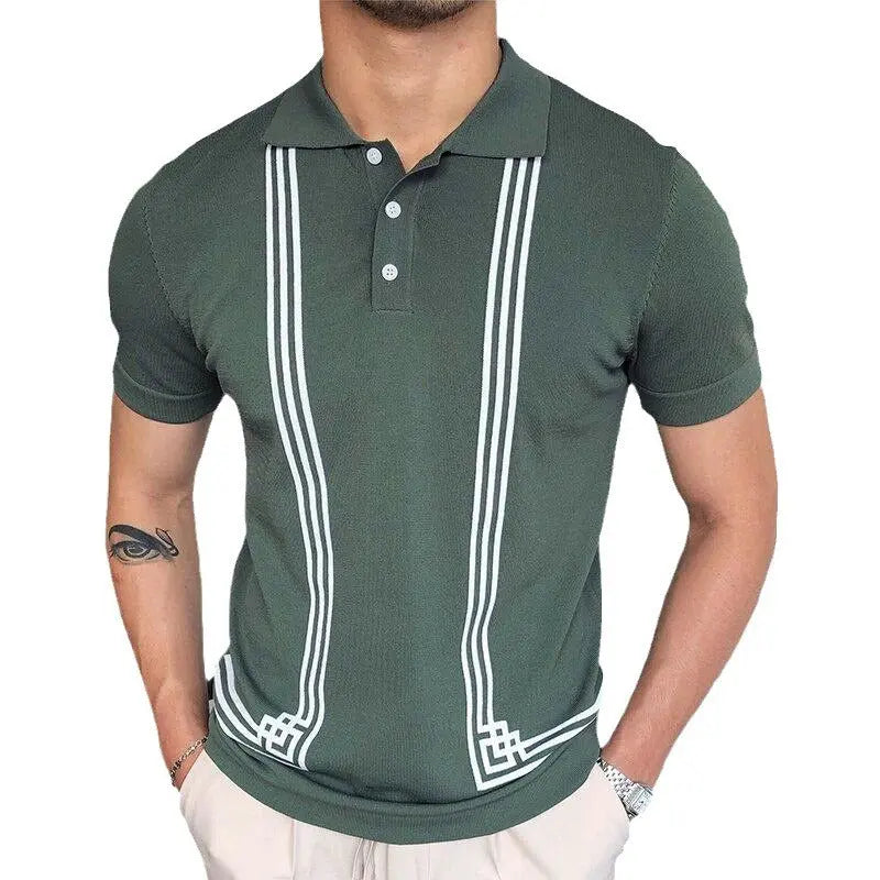 Men’s dark green knit polo shirt with vertical white stripe accents and button-up collar – modern casual short sleeve top