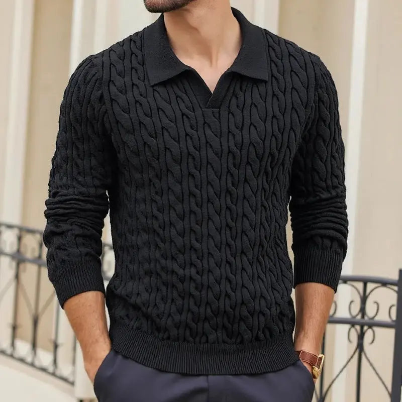 Men’s cable knit polo collar sweater – soft long sleeve pullover in neutral black blending preppy style with cozy comfort for cooler seasons