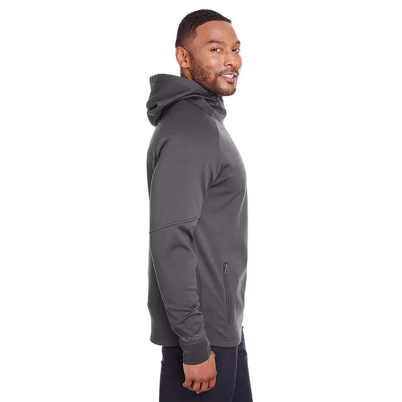 Men’s dark grey pullover hoodie with high neck, zip pockets, and long sleeves – casual athletic sweatshirt