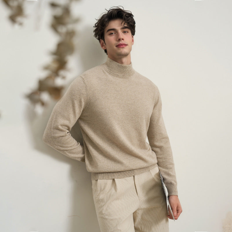 Beige turtleneck sweater for men – ultra-soft mock neck cashmere-style winter pullover