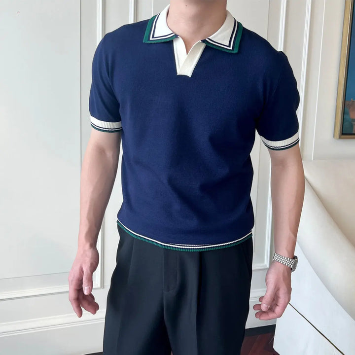 Men’s blue short sleeve polo shirt with white-green contrast collar and sleeve trim – classic sporty knit shirt