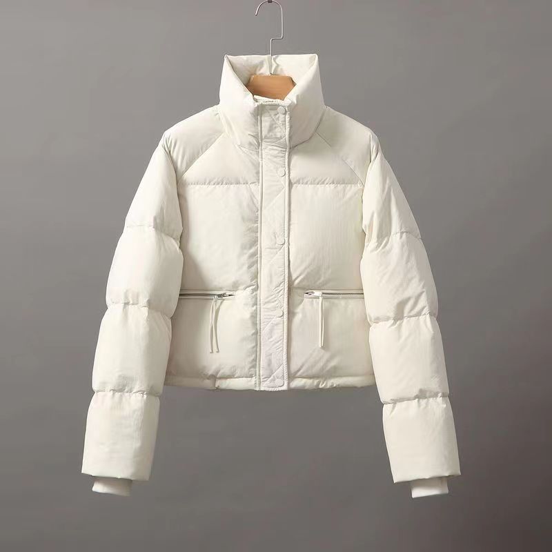 Women’s white cropped puffer jacket – short winter coat with high collar, zip front, and side pockets for cold weather layering