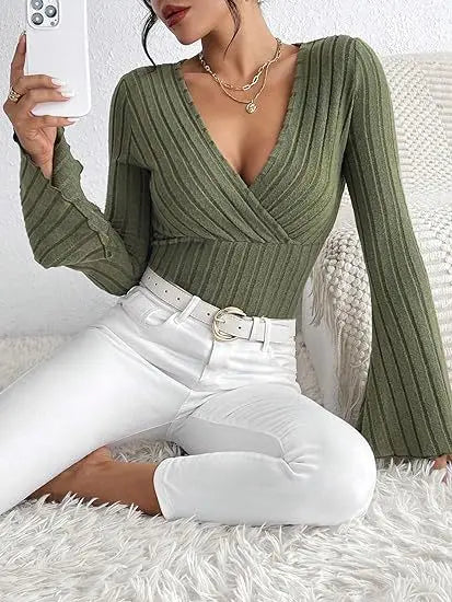 Ribbed V-neck wrap sweater top for women – stylish long bell sleeves in green elevated casual looks