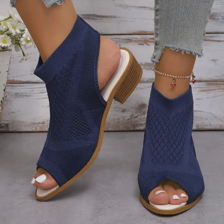 Women's blue knit open toe flat sandals with cushioned soles – breathable summer shoes