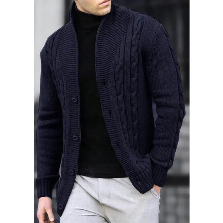Navy blue button-up cable knit cardigan – cozy and elegant winter fashion