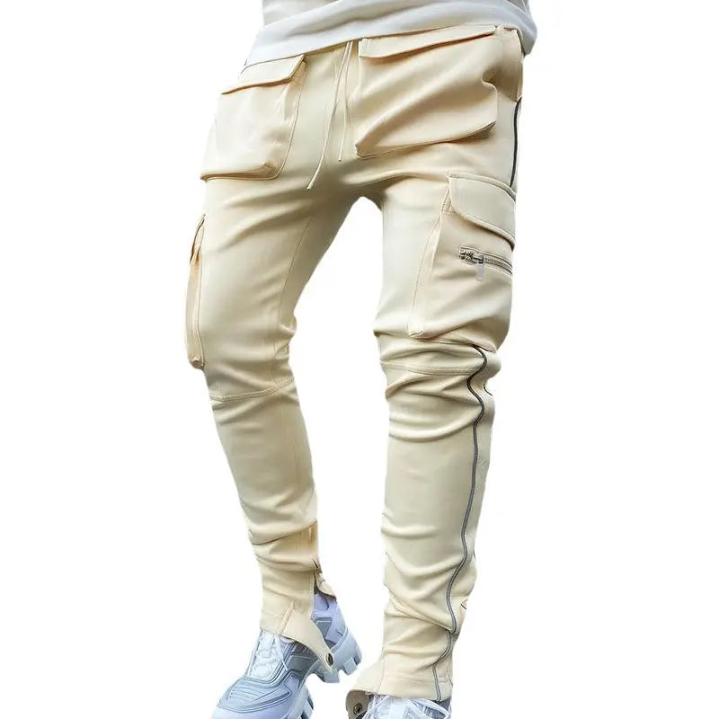Beige side-striped athletic joggers for men – slim fit with drawstring waist