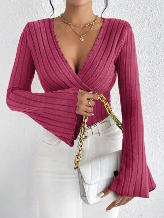 Ribbed V-neck wrap sweater top for women – stylish long bell sleeves in pink elevated casual looks