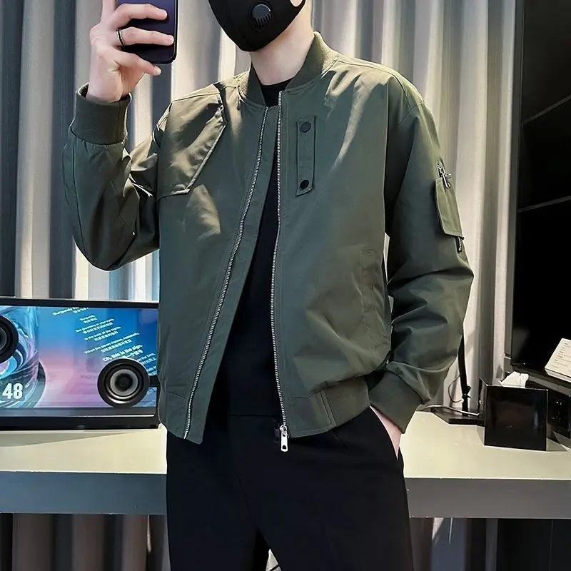 Men's olive green casual bomber jacket with zipper closure and utility sleeve pocket