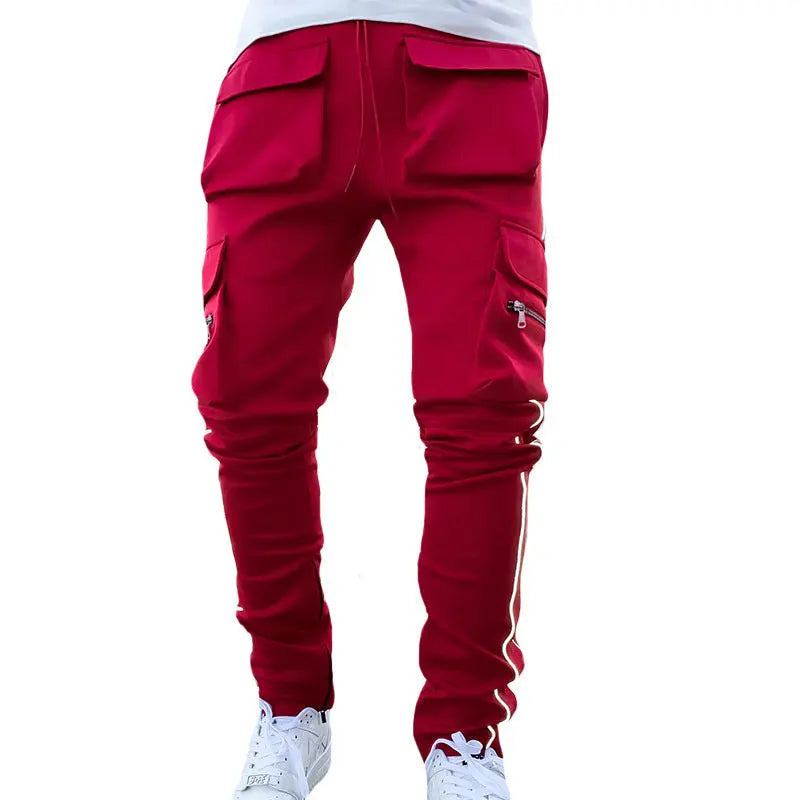 Red men’s side-stripe track pants – bold workout and streetwear hybrid