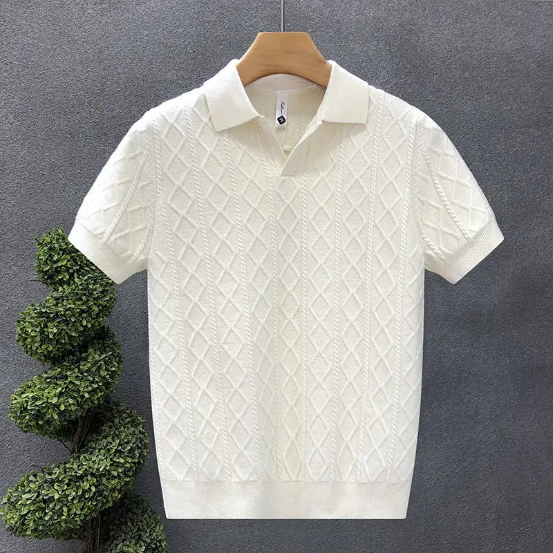 Men’s white short sleeve cable knit polo shirt with soft collar – classic summer knitwear