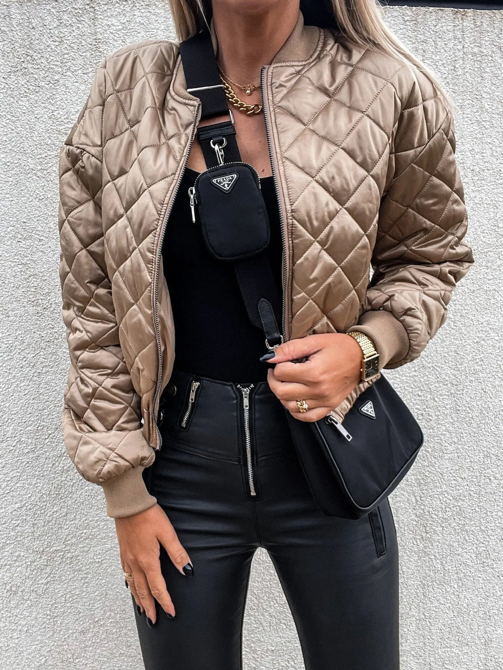 Women’s beige green quilted bomber jacket – cropped lightweight outerwear