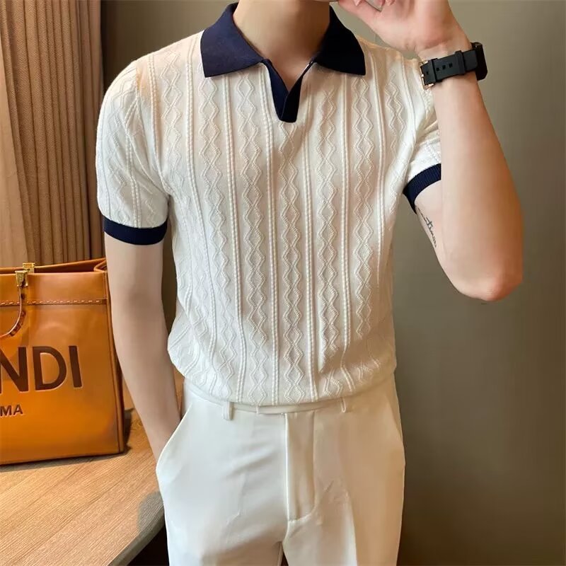 Men’s short sleeve knit polo shirt in white with navy contrast collar and cuffs – modern slim-fit summer top for men, perfect for casual-smart looks.