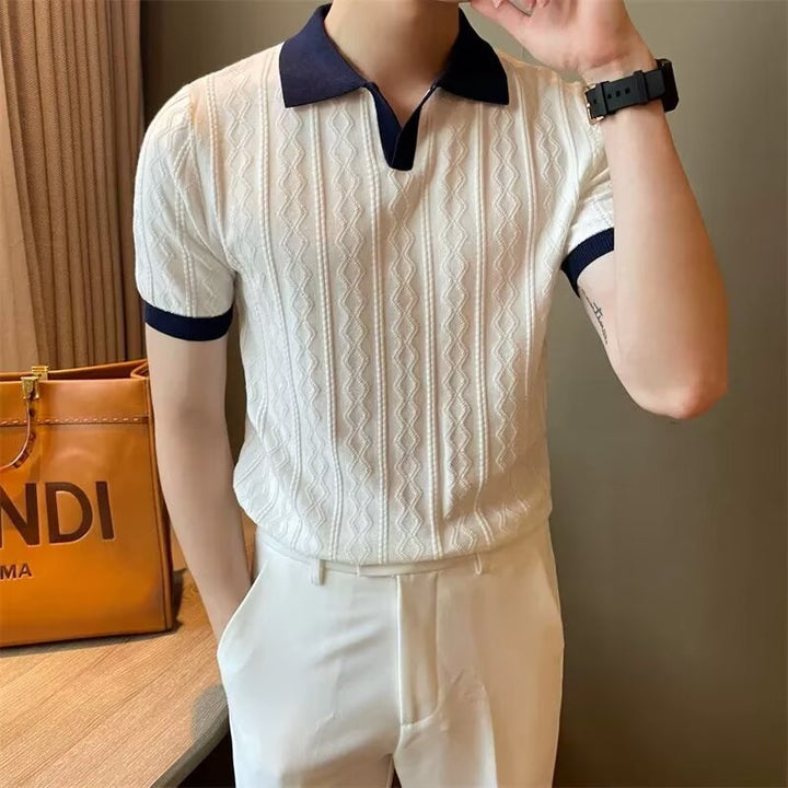 Men’s short sleeve knit polo shirt in white with navy contrast collar and cuffs – modern slim-fit summer top for men, perfect for casual-smart looks.