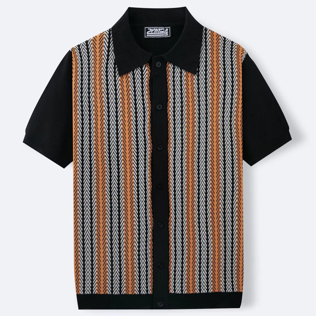 Men’s black short sleeve button-up shirt with retro chevron pattern – vintage knit summer polo