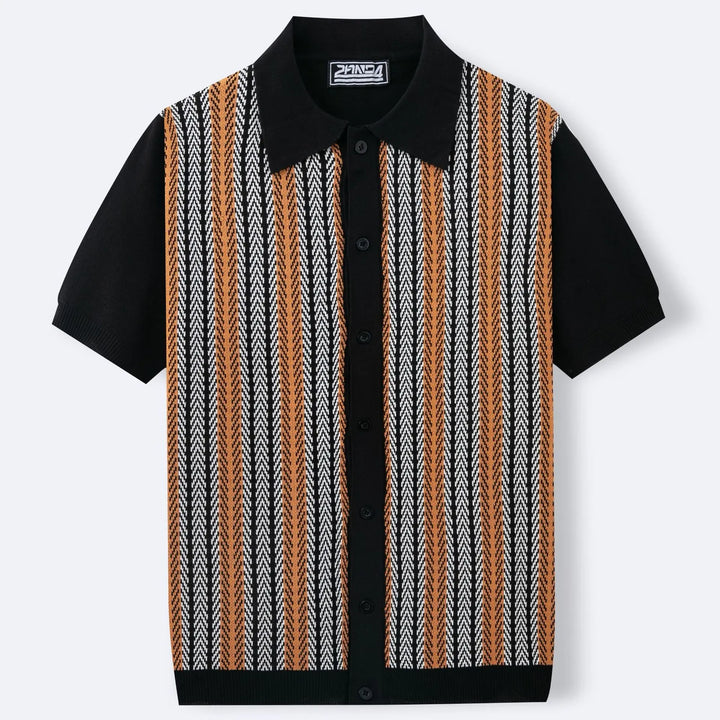 Men’s black short sleeve button-up shirt with retro chevron pattern – vintage knit summer polo