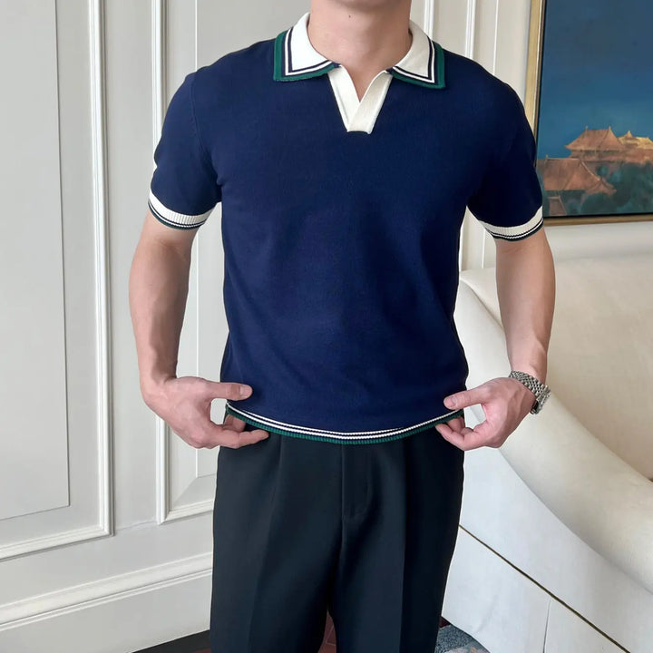 Men’s blue short sleeve polo shirt with white-green contrast collar and sleeve trim – classic sporty knit shirt