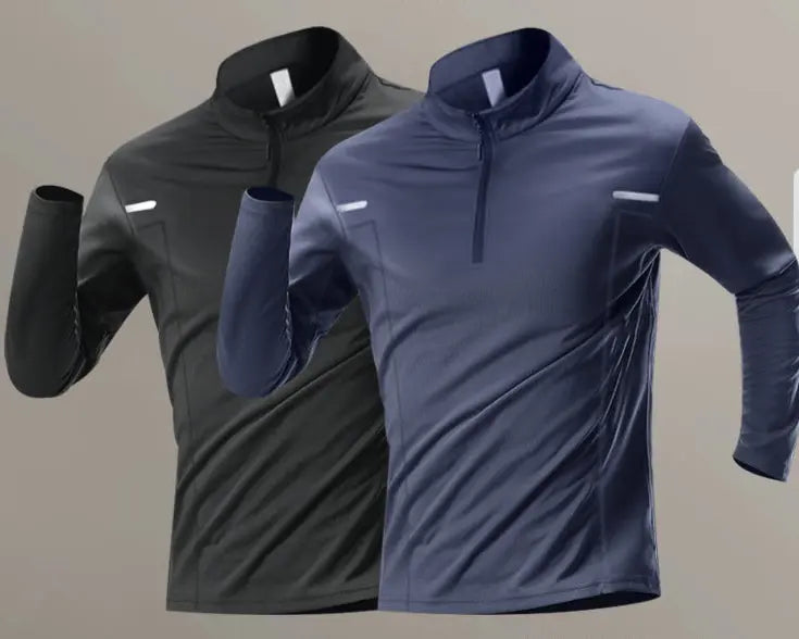 Two long-sleeved sports shirts in black and blue colors, with one featuring a half zipper