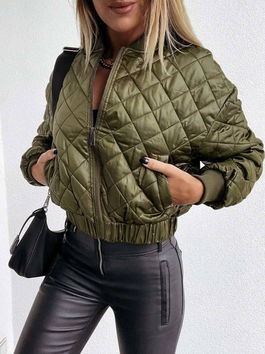 Women’s olive green quilted bomber jacket – cropped lightweight outerwear