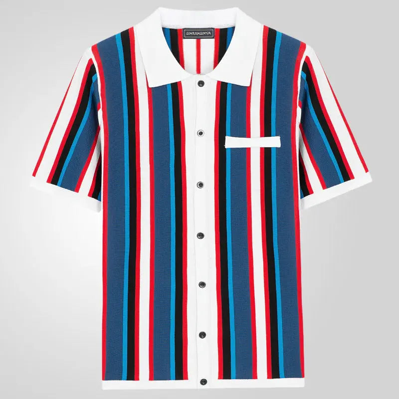Men's white and blue tones short sleeve button-up shirt with vertical multicolor stripes