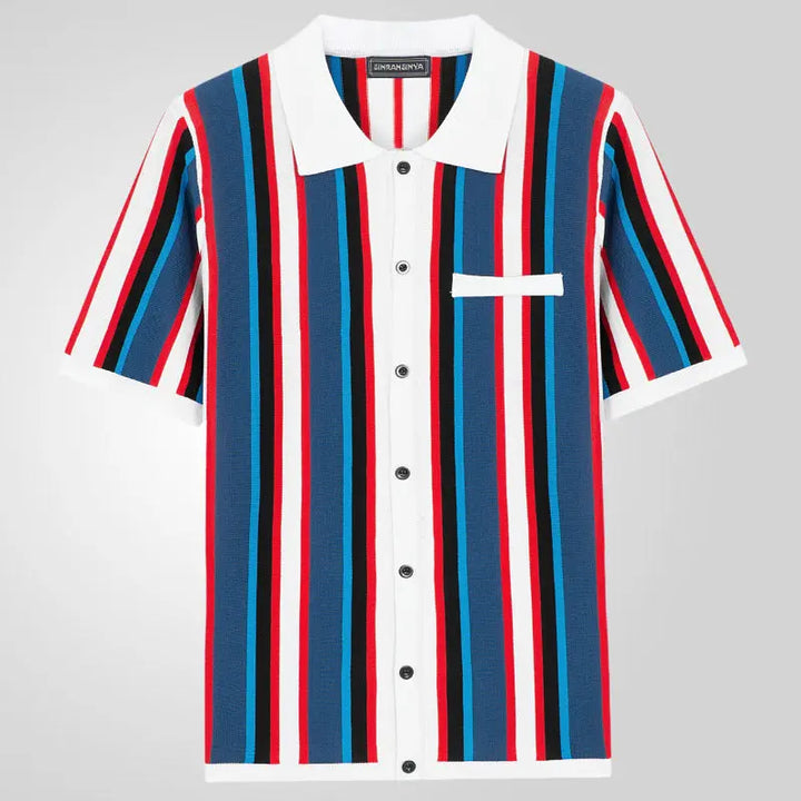 Men's white and blue tones short sleeve button-up shirt with vertical multicolor stripes