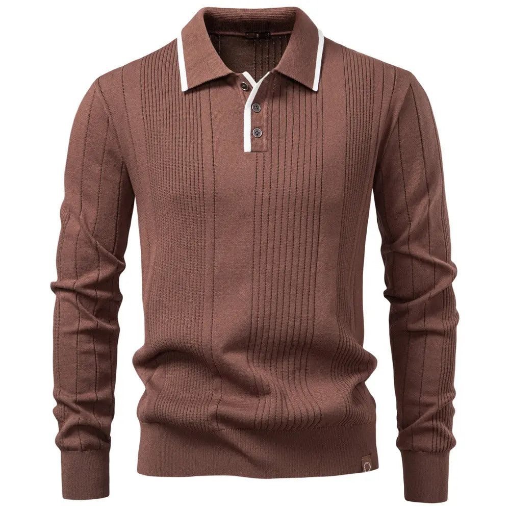 Men’s ribbed knit polo sweater with contrast collar trim – long sleeve pullover in chestnut brown perfect for smart casual fall looks