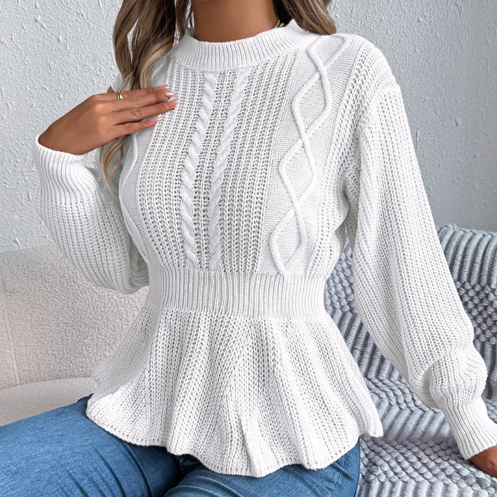 Peplum cable knit sweater for women – cozy long sleeve pullover with flared hem in white for fall and winter fashion
