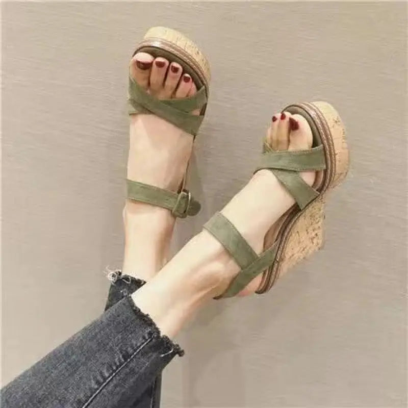 Women’s olive green suede wedge sandals with cork platform and ankle strap – casual summer footwear